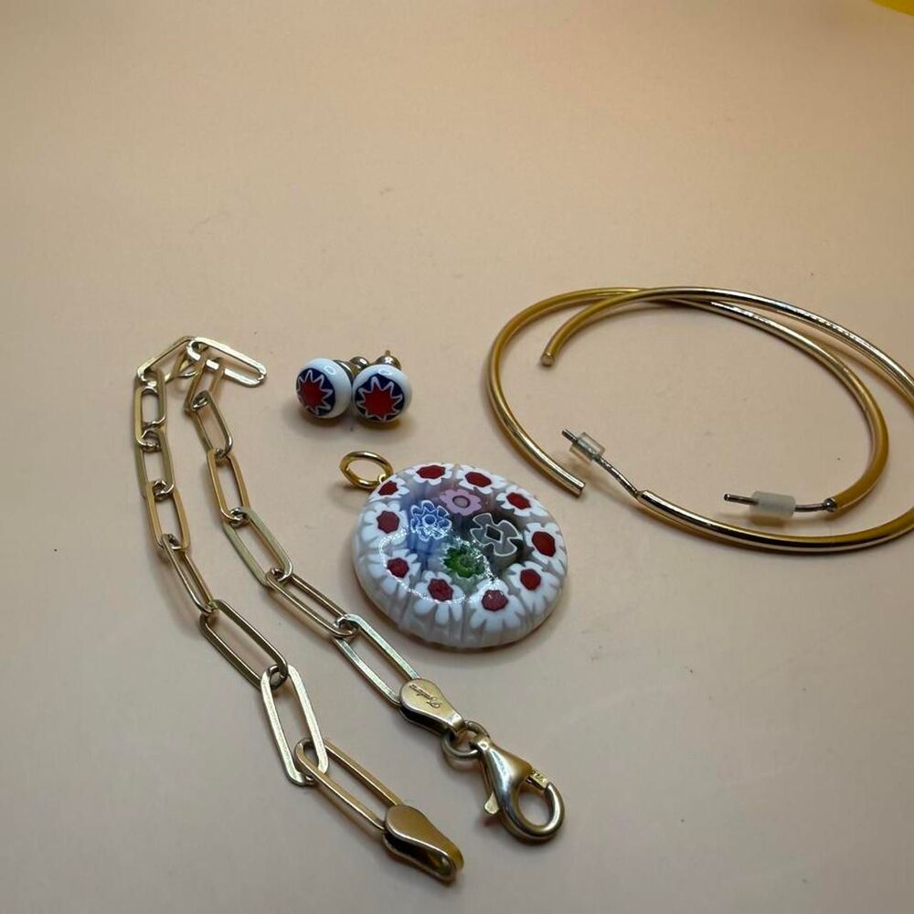 Jewelry bundle: Gold bracelet by Diadema, hoop earrings 925, Murano set